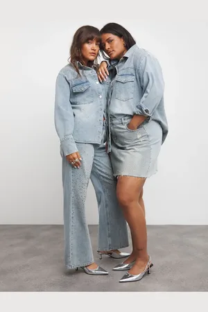 Simply Be Blue Light Wash 100% Cotton Embellished Wide Leg Jeans AU 26