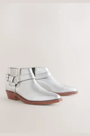 Next Metallic Silver Leather Forever Comfort Harness Buckled Cowboy Ankle Boots AU 6 (EU 37)