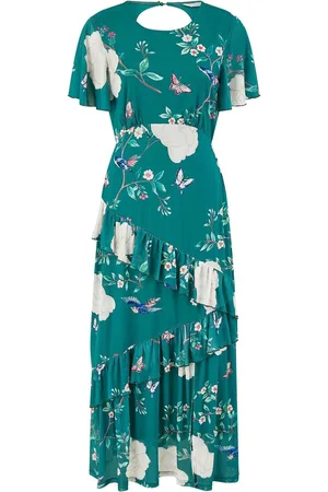 Yumi Mesh Bird And Floral Print Midi Dress With Ruffles AU 12