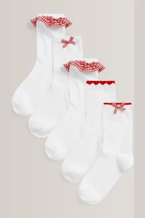 Next Red 5 Pack Cotton Rich Gingham Ankle School Socks 6-8.5 Jnr