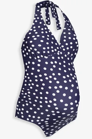 JoJo Maman Bébé Navy Blue & White Spot Maternity Halterneck Swimsuit L