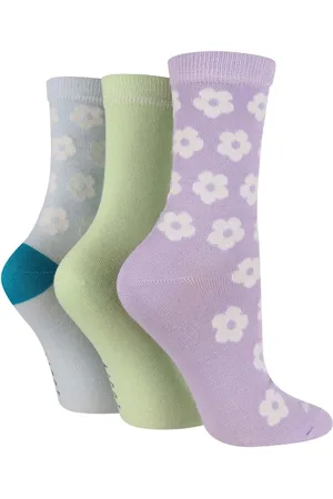 Wild Feet Purple Bamboo Flower Crew Socks 3 Pack One
