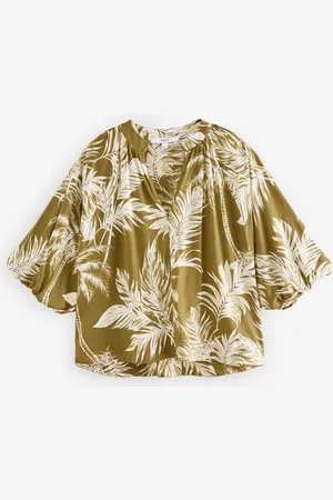Next Green/Ecru Palm 100% Cotton Volume Sleeve V-Neck Blouse AU 22