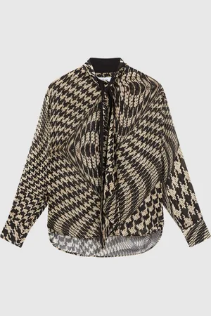 Reiss Black/White Cedar Dogtooth Tie-Neck Blouse AU 6