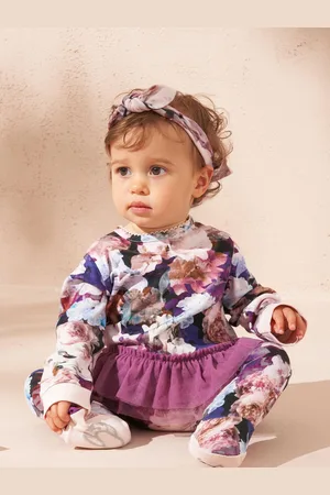 Angel & Rocket Purple Fleur Floral Print Tutu 100% Cotton Babygrow and Headband Set 6