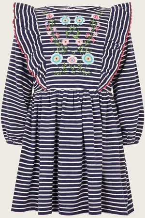 Monsoon Floral Print Embroidered Stripe Ruffle 100% Cotton Dress 11