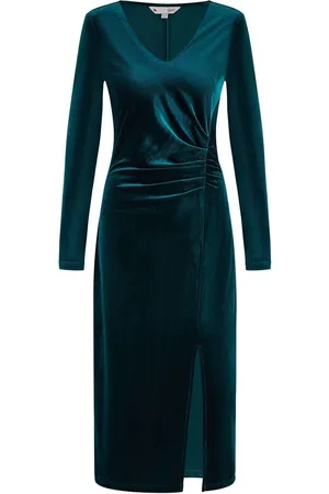 Yumi Velvet V-Neck Fitted Ruched Midi Dress AU 14