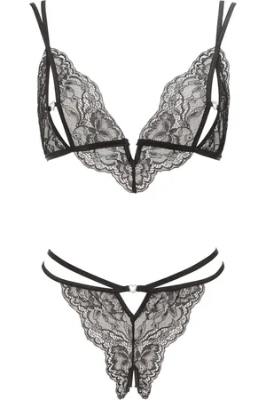 Ann Summers Black Diamond Heart Crotchless Bra & Thongs Set XS