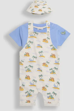 JoJo Maman Bébé Natural 100% Cotton Dino Dungarees & T-Shirt Set with Hat 3 Piece Upto 3 Months (50