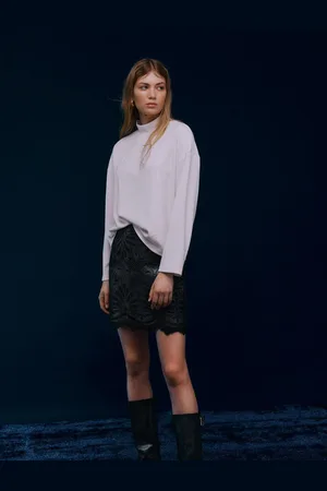 VILA High Waisted Lace Detail PU Skirt AU 14