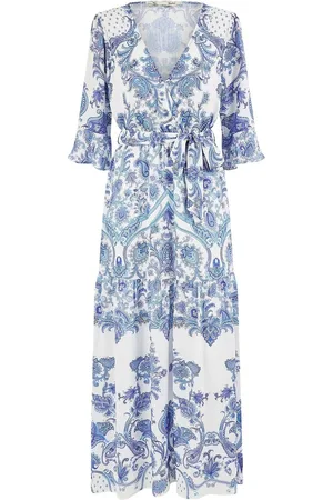 Yumi Paisley Wrap Midi Dress With 3/4 Sleeves AU 14
