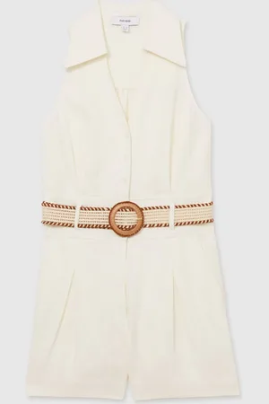 Reiss Cream Anjie Linen Belted Collar Playsuit AU 14
