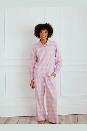 Chelsea Peers Purple 100% Cotton Gingham Frill Long Pyjamas Set AU 14