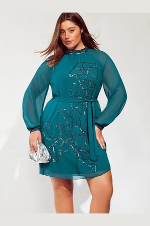 Lipsy London Curve Long Sleeve Hand Embellished Artwork Mini Shift Dress AU 24