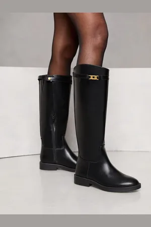 Lipsy London Black Wide Fit Flat Long Knee High Faux Leather Riding Boots AU 8 W (EU 39)
