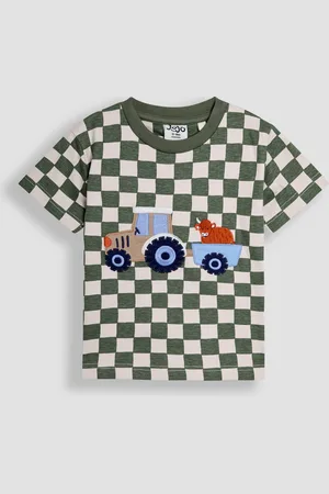 JoJo Maman Bébé Khaki Tractor Appliqué Checkerboard T-Shirt 3