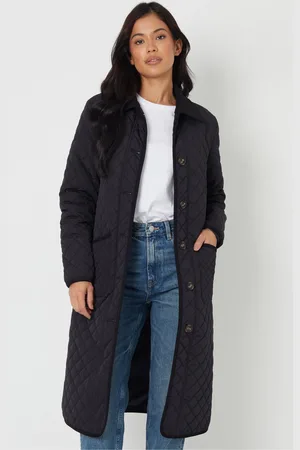 Threadbare Black Button Up Collared Diamond Quilted Maxi Coat AU 14