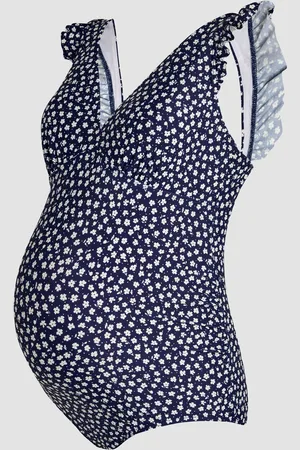 JoJo Maman Bébé Navy Maternity Ditsy Print Frill Sleeve V-Neck Swimsuit S