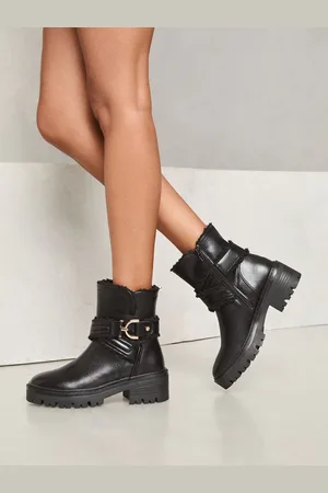 Lipsy London Black Chunky Borg Buckle Biker Boots AU 10 (EU 41)