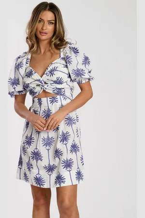 South Beach Printed Twist Front Puff Sleeve 100% Cotton Mini Dress AU 14
