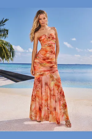 Lipsy London Floral Printed Bandeau Mesh Ruched Maxi Dress 16