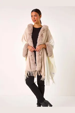 Roman Natural Faux Fur Fringe Hem Poncho One