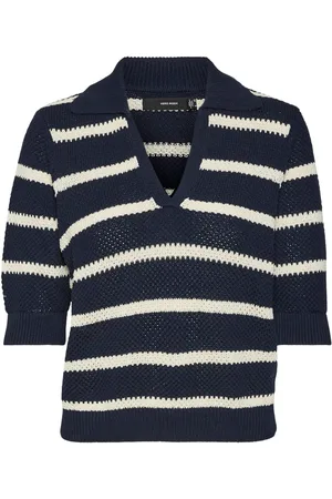 VERO MODA Blue 3/4 Sleeve Stripe Knitted Polo Top AU 12