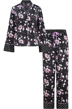 Pour Moi Black Luxe Satin Print Mix Revere Collar Pyjama Set AU 8