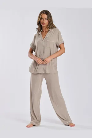 Loungeable Brown Rib Jersey Short Sleeve Traditional And Long Pyjamas S