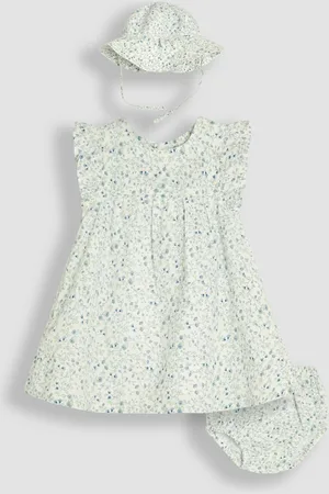 JoJo Maman Bébé Blue Ditsy Floral 3-Piece Frill Shoulder Baby Dress, Knicker & Hat Set 3