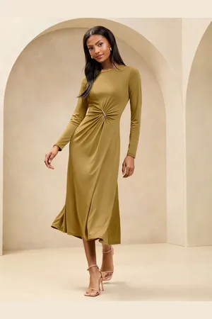 Lipsy London Ruched Fit and Flare Midi Dress with Gold Trim Detail AU 8
