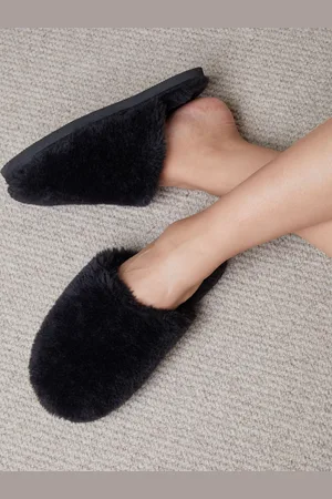 Threadbare Black Faux Fur Mule Slippers UK 3