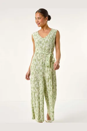 Roman Green Petite Floral Print Crinkle Crop Jumpsuit AU 12