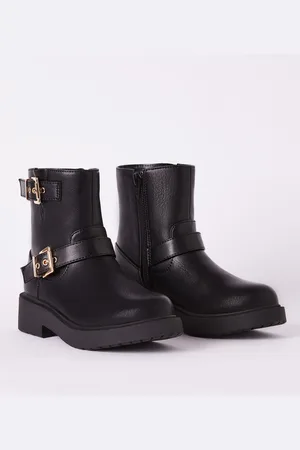 Lipsy London Black Buckle Biker Faux Leather Flat Ankle Boots AU 2 (EU 34.5)