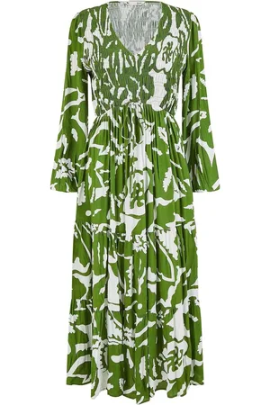 Yumi Abstract Print Ruched Midi Dress With Long Sleeves AU 12