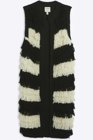 River Island Black Stripe Sleeveless Fringe Cardigan L