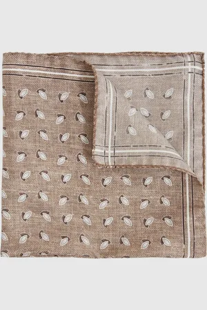 Reiss Soft Brown Melange Enrico Almond Print Silk Pocket Square One