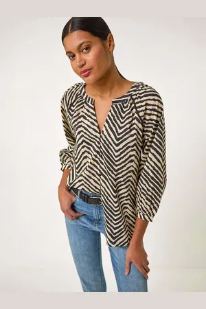Roman Black Linear Print V-Neck 100% Cotton Blouse AU 16