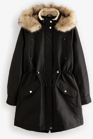 Next Black Hooded Parka Coat With Faux Fur Trim AU 8