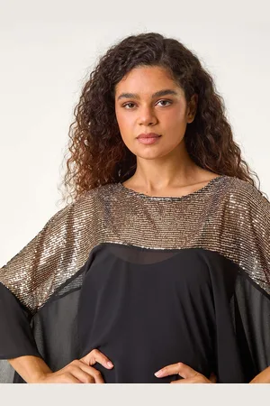 Roman Black Chrome Sequin Yoke Frilled Tunic Top AU 16