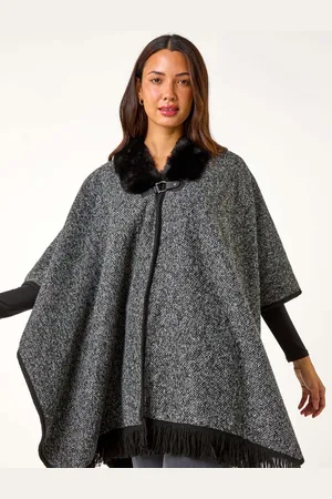 Roman Grey Faux Fur Fringe Hem Poncho One