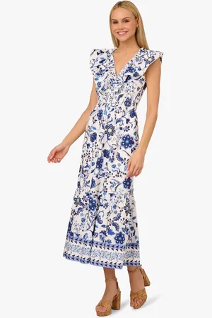 Adrianna Papell Adrianna by Printed Ruffle 100% Cotton Dress AU 12