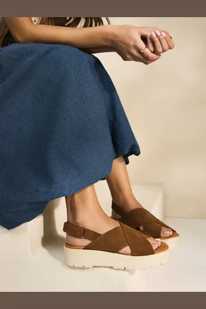 Next Tan Brown Suede Signature Cross Strap Chunky Flatform Sandals eu42uk8