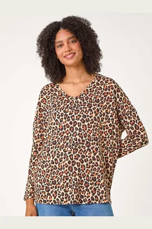 Roman Natural Animal Print V-Neck Tunic Stretch Top AU 20