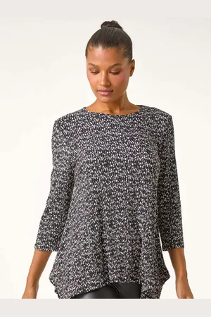 Roman Grey Printed Plisse Hanky Hem Tunic Stretch Top AU 20