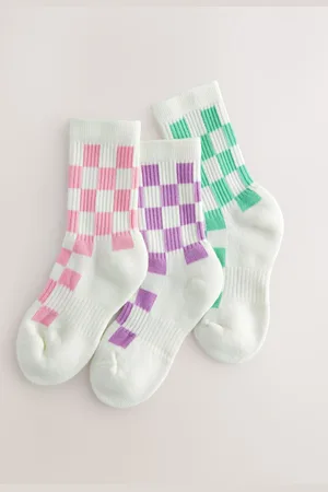 Next White, Pink, Purple and Green 3 Pack Cotton Rich Checkerboard Cushioned Sole Ankle Socks 9-12 Jnr