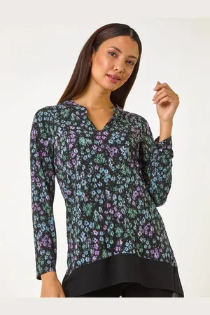 Roman Black Floral Print V-Neck Tunic Top AU 10