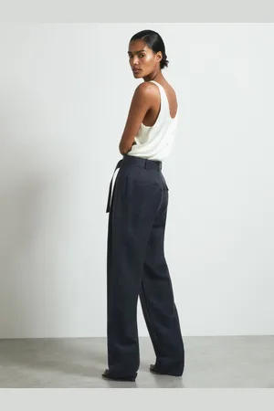 Reiss Navy Olivia Cupro Belted Suit Trousers AU 6