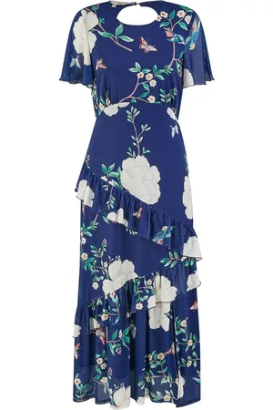 Yumi Mesh Bird And Floral Print Midi Dress With Ruffles AU 8