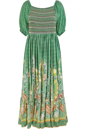 Yumi Ruched Leaf Print Maxi Dress With Puff Sleeves AU 10